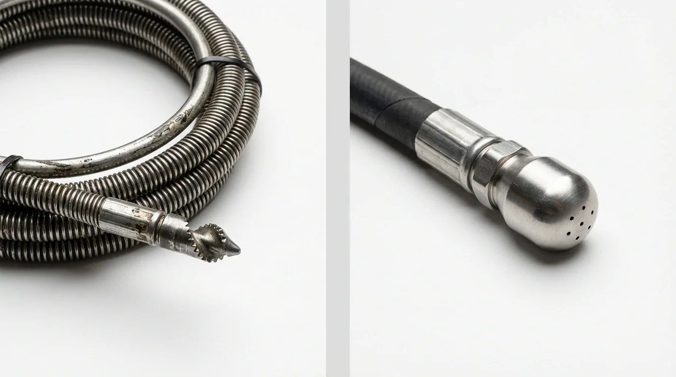 Drain snake cable and hydro jetting nozzle used for drain cleaning in Louisville, NE