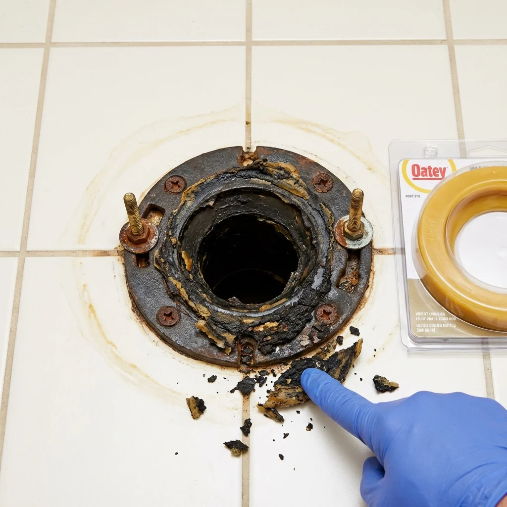 Failed wax ring showing water seepage at the base of a toilet in a Louisville, NE home