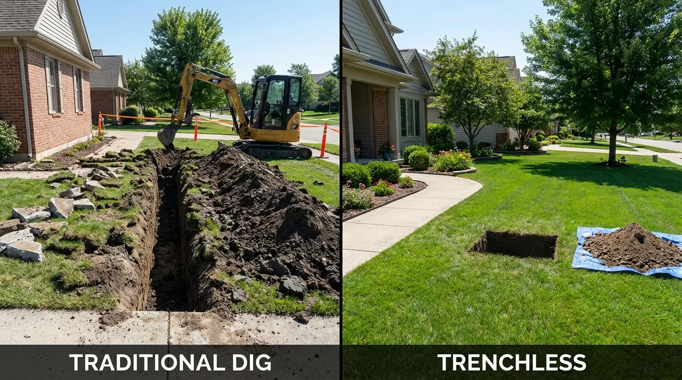 Trenchless sewer repair with minimal yard damage versus traditional excavation in Louisville, NE