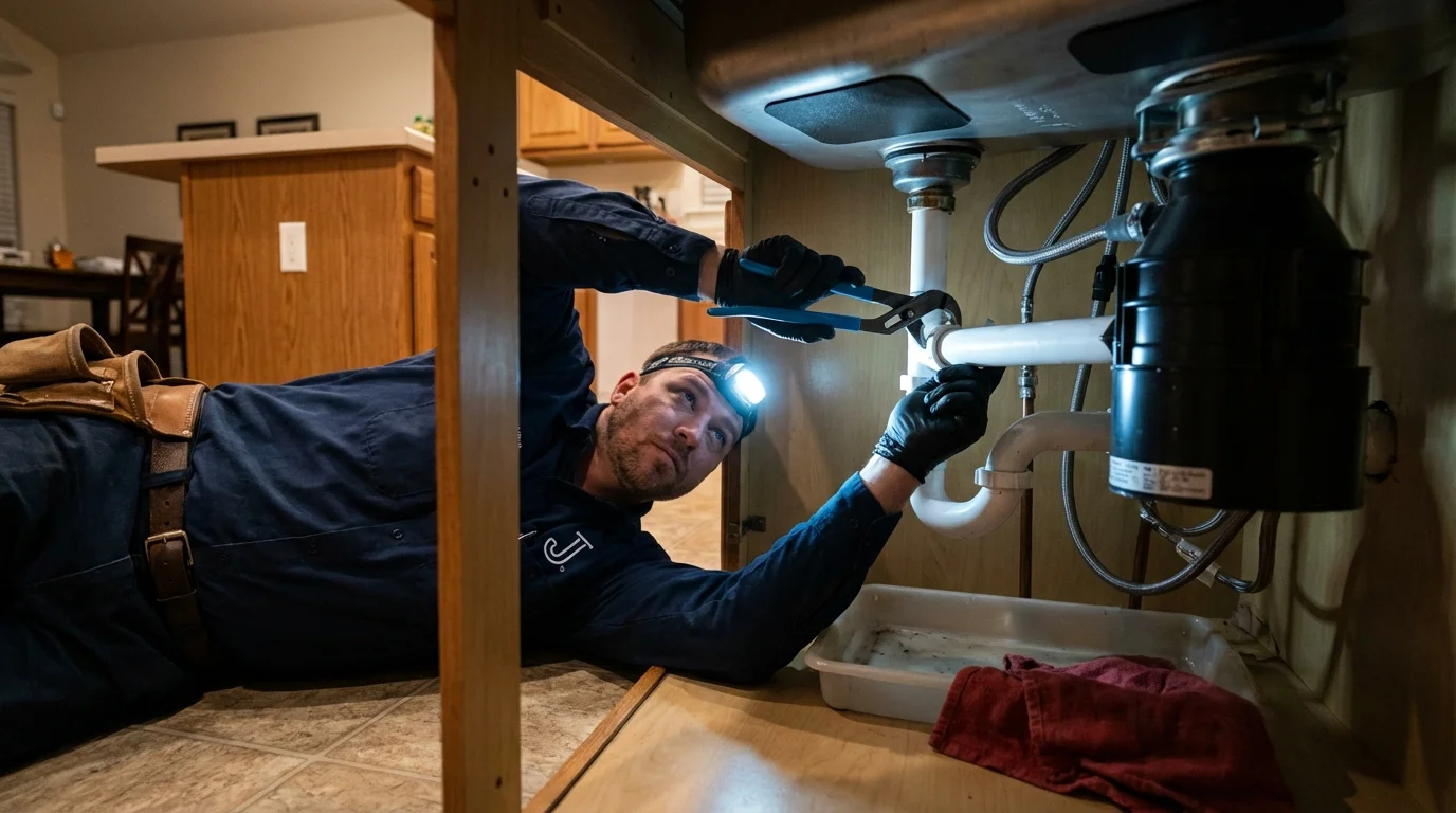 P-trap and supply line connections under a kitchen sink showing a common leak point in Louisville, NE